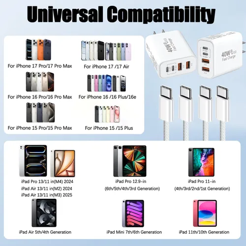 Miniatura 4 de Cargador para iPhone 17 de carga rápida, bloque de cargador USB C de 4 puertos, paquete de 2 cargadores de Apple de 40 W con cable trenzado USB C a