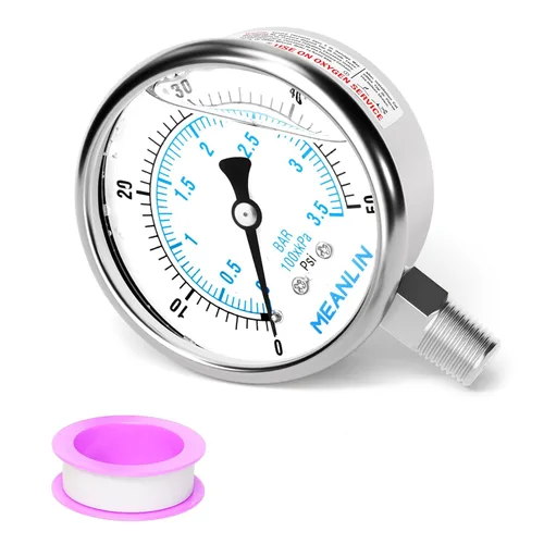 Miniatura 38 de MEANLIN MEASURE Medidor de presión de acero inoxidable relleno de líquido de 0 ~ 100 psi con junta de acero inoxidable 316, esfera de cara NPT