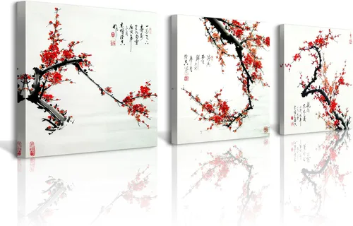 Miniatura 26 de Arte de Pared de Acuarela de Estilo Asiático Tradicional Chino Pájaro en Rama de Flor de Cerezo Roja Decoración Paisaje Floral Oriental Pintura