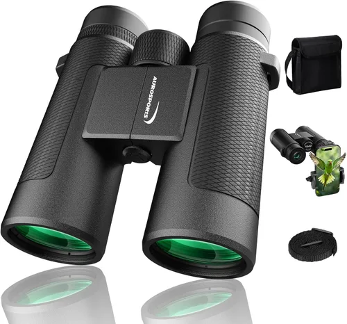 Binoculares de 15 x 42 para adultos de alta potencia, binoculares portátiles ligeros Aurosports HD con adaptador de teléfono, prisma BAK4 y bolsa de
