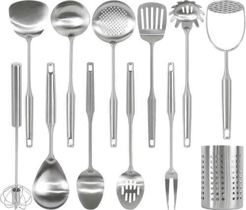 Juego de utensilios de cocina de acero inoxidable 304 con soporte, 12 piezas de utensilios de cocina de metal con triturador de papas, servidor de