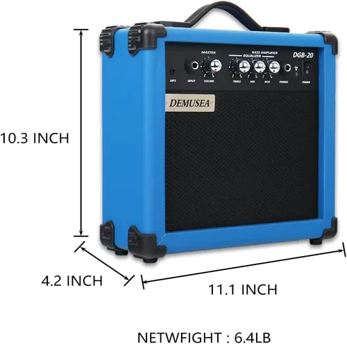 Miniatura 2 de Amplificador de Guitarra Bajo Eléctrico Azul Oscuro de 20W Portátil de Viaje Mini Amplificador de Práctica Conector para Auriculares Aux Agudos