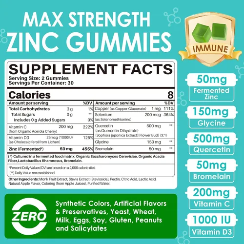 Miniatura 2 de Zinc Gummies 50mg + Quercetin & Bromelain, Vitamin C & D3, Copper, Selenium, Fermented Zinc Supplements for Women and Men for Immune Defense