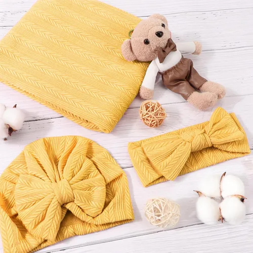 Miniatura 5 de DRESHOW BQUBO Manta de recepción para recién nacido, cálida para niñas con sombrero con lazo y diadema con lazo, regalo para baby shower 1 juego