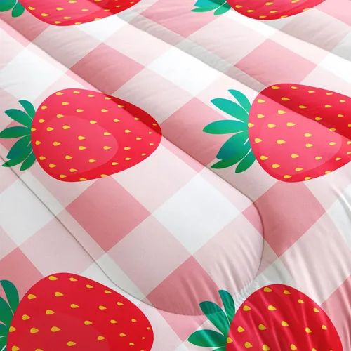 Miniatura 6 de Juego de ropa de cama Kawaii de fresa para niñas, juego de ropa de cama con patrón de cuadrícula rosa con 1 edredón y 2 fundas de almohada