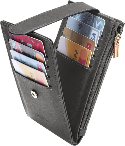 Miniatura 6 de Chelmon Billetera delgada para mujer, con bloqueo RFID, plegable, con bolsillo con cremallera, Gris oscuro con llavero, Minimalista