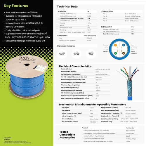 Miniatura 6 de TRUE CABLE Cable Ethernet a granel de elevación blindada Cat6A, 1000 pies, azul, cobre sólido desnudo 23 AWG, 750 MHz, F/UTP, PoE++ 100 W