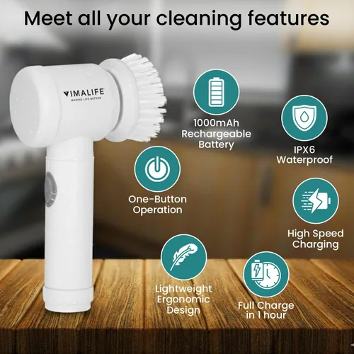 Miniatura 4 de VIMALIFE Limpiador eléctrico giratorio, limpiador de baño inalámbrico IPX6 impermeable con 5 cabezales reemplazables, cepillo de limpieza eléctrico