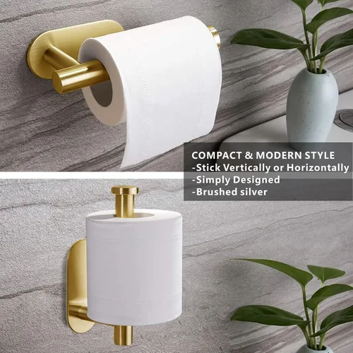 Miniatura 4 de Soporte para papel higiénico autoadhesivo, sin taladrar para baño, baño, baño, soporte de pared, acero inoxidable (dorado)