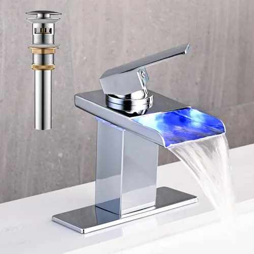 Miniatura 16 de AVSIILE Grifo LED para lavabo de baño, cascada cromada, mango de un solo agujero, 1 agujero con drenaje desplegable de metal y 2 líneas de Cromo