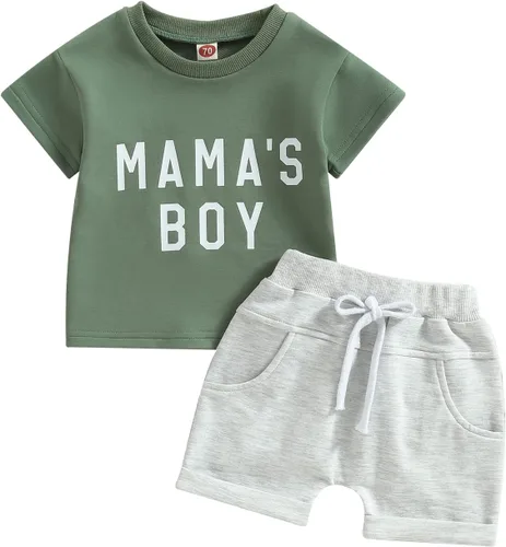 Miniatura 96 de Conjunto de traje de verano para bebé niño pequeño, manga corta, cuello redondo, letras impresas, lindo traje de verano, conjunto de 2 piezas