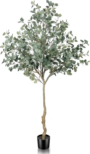 Miniatura 8 de LYERSE Árbol de eucalipto artificial de 6 pies en maceta de vivero de plástico, tallos altos de eucalipto sintético, plantas falsas con 846 hojas
