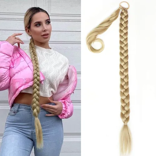Miniatura 22 de Extensiones de cola de caballo trenzada de 20 pulgadas de largo para mujer, extensiones de cabello lacio envolvente con banda para el cabello, cola