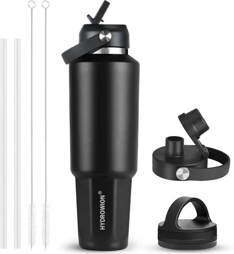 Miniatura 33 de HYDROWION Botella de agua de acero inoxidable, 32 onzas, boca ancha, doble pared, aislada al vacío, con tapa de pajilla, tapa de boquilla y tapa