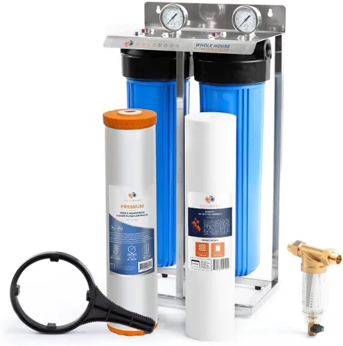 Aquaboon Sistema de filtro de agua de 2 etapas para toda la casa con prefiltro, hierro y manganeso de 20 x 4.5, filtros de sedimentos, manómetro y