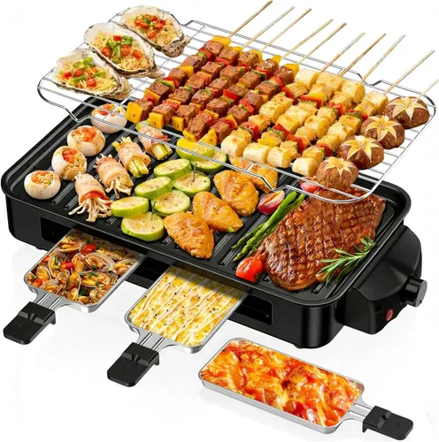 Parrilla eléctrica para interiores de 1700 W, 2 en 1, sin humo, para cocina, con parrilla extraíble antiadherente y placa de plancha, parrilla
