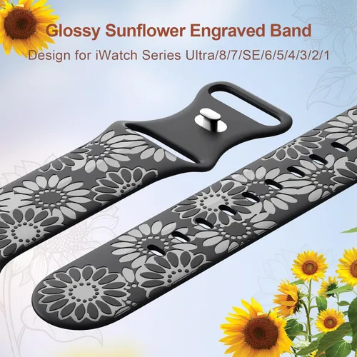 Miniatura 4 de Correa de silicona grabada de girasol compatible con correas de Apple Watch de 1.496, 1.575, 1.614, 1.654, 1.732, 1.772 y 1.772 pulgadas para mujer