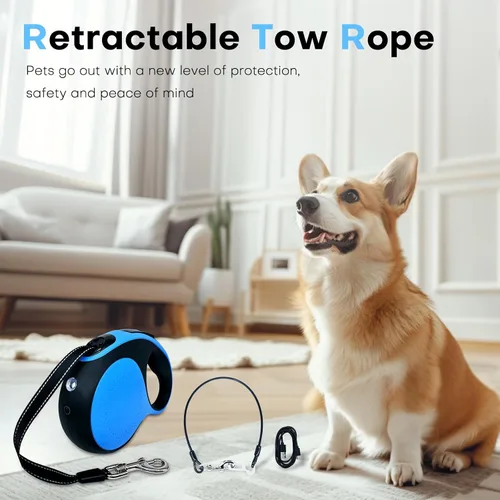 Miniatura 7 de Correa retráctil para perro con cable a prueba de mordeduras y linterna LED, correa resistente de 16 pies, adecuada para perros pequeños/medianos