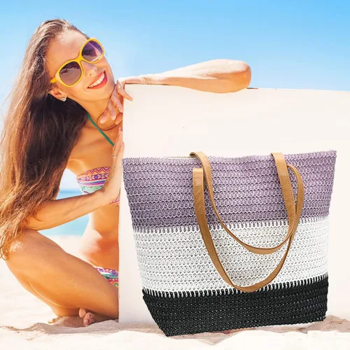 Miniatura 96 de Bolso grande de paja para mujer, tejido de ratán, bolso de playa de verano, a rayas