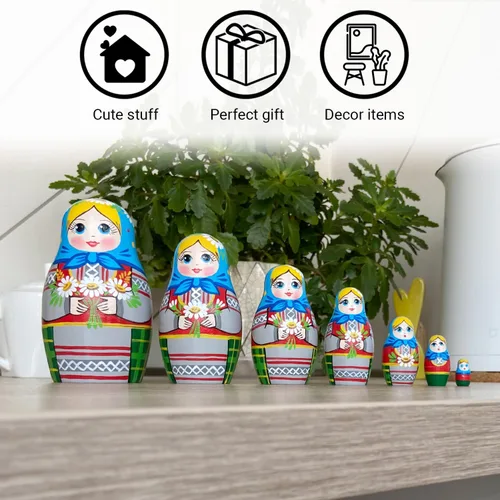 Miniatura 5 de AEVVV Juego de 7 muñecas rusas de anidación - Muñeca Matryoshka en vestido tradicional bielorruso - Muñeca rusa con acianos, espiguillas y flores