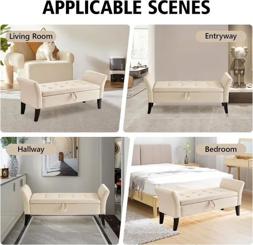 Miniatura 7 de NIOIIKIT Banco otomano tapizado de terciopelo de 51.5 pies con parte superior abatible, banco largo para dormitorio o sala de estar (beige)