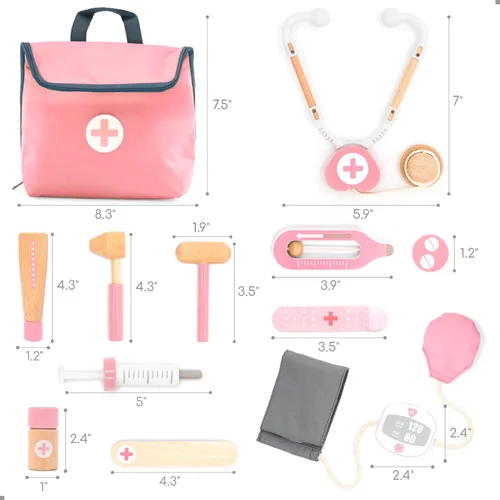 Miniatura 5 de UMU® Mini kit médico de madera para niños – 14 piezas de juego médico para niños pequeños con estetoscopio, jeringa, bolsa de médico, manguito