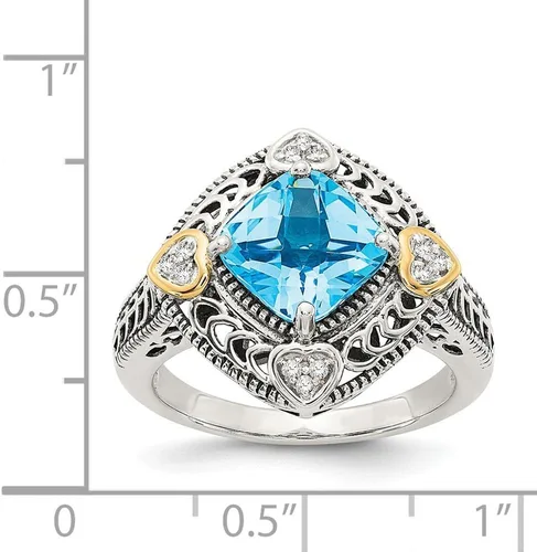 Miniatura 4 de Solid 925 Sterling Silver with 14k Diamond & Blue Simulated Topaz Ring (4mm)