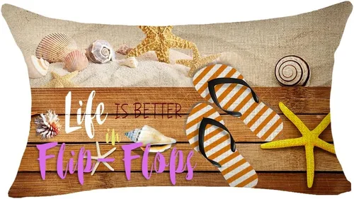 Miniatura 5 de LIPOR Juego de 4 fundas de almohada lumbares de algodón y lino con texto en inglés "It's Summer Time Life is Better in Flipflok", para sofá, 12 x 20