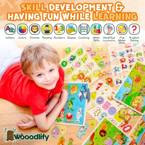 Miniatura 3 de Paquete de 7 rompecabezas de madera para niños de 2, 3, 4, 5 años, 7 coloridos rompecabezas de madera gruesa para niños de 2 a 5 años, números