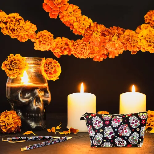 Miniatura 7 de TaoBary 12 bolígrafos de calavera de azúcar con estuche para lápices, bolígrafos retráctiles, bola de clic, bolsa de regalo de calavera de azúcar