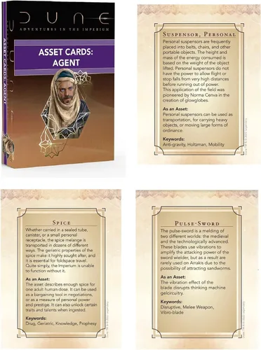 Miniatura 5 de Modiphius Dune: Cartas de activos – Baraja de expansión de agente – Dune Adventures in The Imperium, 56 cartas RPG expansión, paquete de accesorios