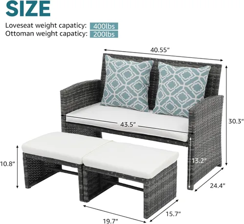 Miniatura 4 de OC Orange-Casual - Juego de muebles de patio, 3 piezas de sofá seccional de mimbre para exteriores con otomanos para el porche, ratán gris