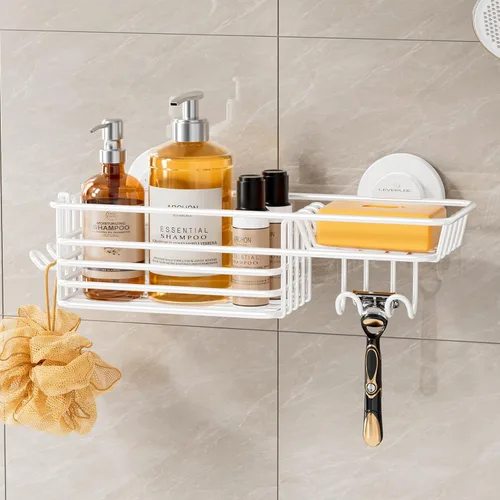 Miniatura 17 de LEVERLOC Cesta de ducha con ventosa, cesta de ducha con ganchos y jabonera para baño, organizador de ducha para baño sin necesidad de taladrar