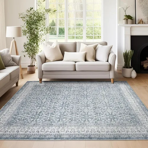 Miniatura 87 de Jinchan Fiora - Alfombra redonda de 8 pies, alfombras vintage con diseño floral envejecido, lavable a máquina, antideslizante, de pelo bajo, Azul