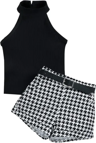 Miniatura 9 de TheFound Trajes de verano para niñas pequeñas, sin mangas, de punto acanalado, halter, pantalones cortos, ropa para recién nacidos, conjunto de 3