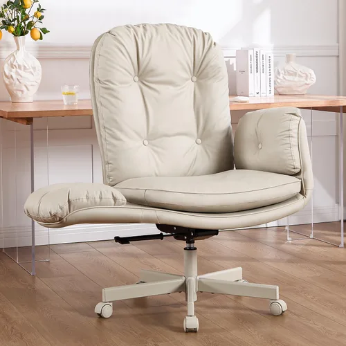 amseatec Silla cruzada con reposabrazos y ruedas para sentarse con patas cruzadas, cómoda silla de escritorio giratoria ajustable para oficina, Crema
