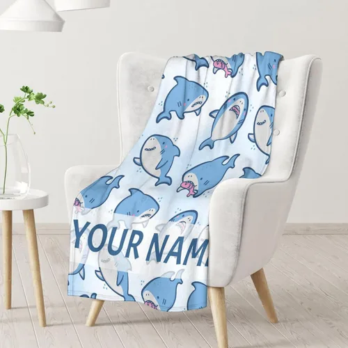 Miniatura 2 de Manta de tiburón personalizada con nombre, 30 x 40 pulgadas, lindas mantas de tiburón para niños y niñas, manta de felpa suave y mullida azul claro