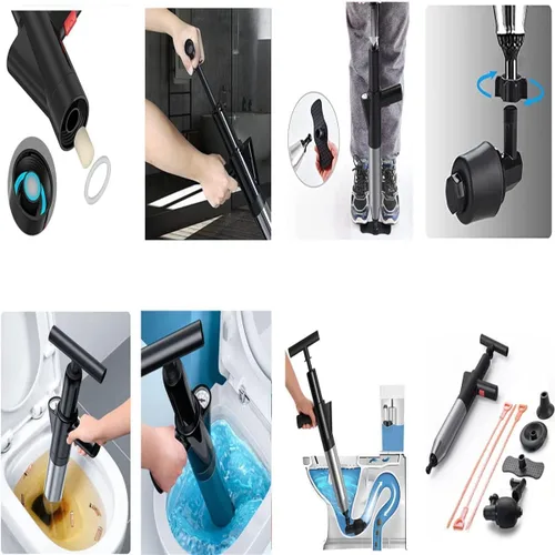 Miniatura 2 de Kit de émbolo de inodoro de acero inoxidable, pistolera de drenaje de aire de alta presión con 5 cabezales, barómetro de salpicadero, inodoro