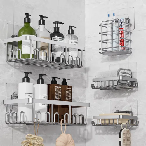 Miniatura 9 de Juego de 5 organizadores adhesivos para ducha, organizador de acero inoxidable a prueba de óxido para almacenamiento en el baño con gran capacidad