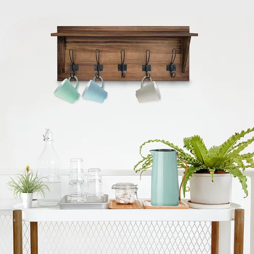 Miniatura 5 de HBCY Creations Perchero de pared de madera maciza color marrón rústico con estante, 5 ganchos, 24 pulgadas de largo, cocina, vestíbulo, entrada
