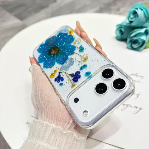 Miniatura 3 de Funda floral para iPhone 17 con flores reales prensadas, bonito diseño de flores secas prensadas transparentes con purpurina para mujer, suave TPU