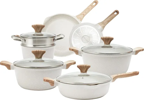 Country Kitchen Juego de utensilios de cocina de aluminio fundido antiadherente, utensilios de cocina duraderos para cocinar todos los días, crema,