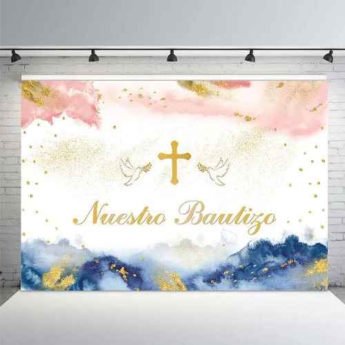 Miniatura 10 de MEHOFOND Fondo de fotografía de Nuestro Bautizo de 7 x 5 pies para niños y niñas, decoración de fiesta de bautizo mexicano para niños y niñas