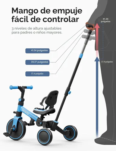 Miniatura 8 de besrey - Bicicleta para niños pequeños 5 en 1 con mango de dirección para padres, para niños y niñas de 1 a 3 años, triciclo de empuje plegable