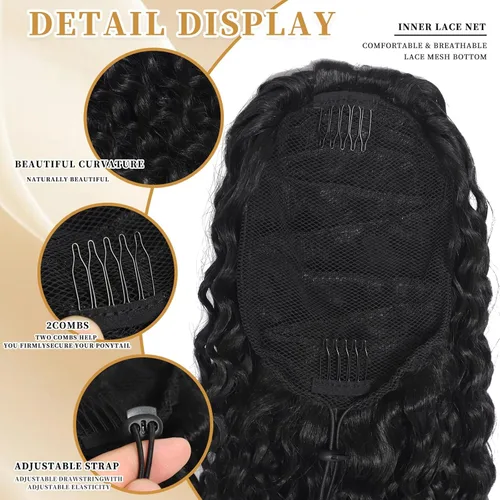 Miniatura 4 de Matriarchs Extensión de cola de caballo corta y rizada con cordón para mujer, pieza de cabello sintético largo afro rizado esponjoso para uso diario
