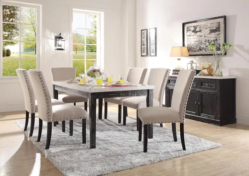Miniatura 7 de Juego de muebles de cocina con tapa de mármol blanco juego de mesa de comedor de madera (mesa redonda+6 sillas)