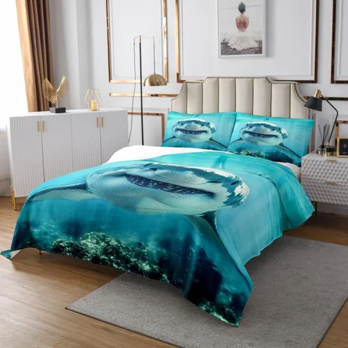Miniatura 4 de Castle Fairy Shark Kids Bedspread Twin Size,3D Shark Bule Underwater World Coverlet Set,Boys Girls Bedroom Decor,Marine Life Quilted Coverlet,Ocean