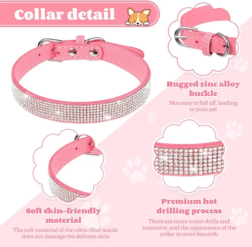 Miniatura 5 de 2 Piezas Collares de Cuero PU para Perro Rosa con Pedrería Collar para Mascotas con Patrón de Flores Collar para Perro con Tachuelas Ajustable