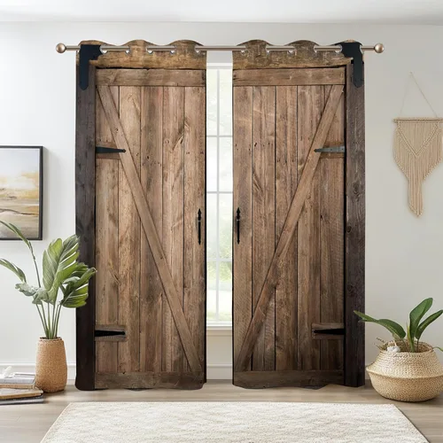 Renaiss - Cortinas de puerta de madera, estilo rústico vintage con diseño de puerta de granero, tratamiento de ventana estilo granja, 45" de alto x