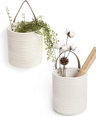 Miniatura 11 de Goodpick Paquete de 2 cestas colgantes de yute - Cesta tejida pequeña de helecho colgante con cuerda, cesta de pared para plantas de flores, juego